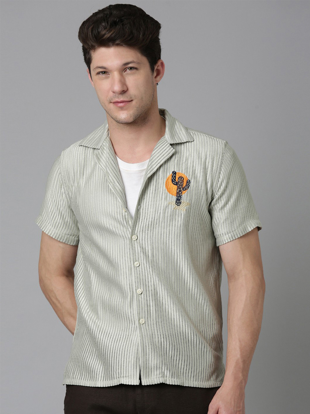 NEVER NEUD Men Relaxed E Stripes Texture Casual Shirt