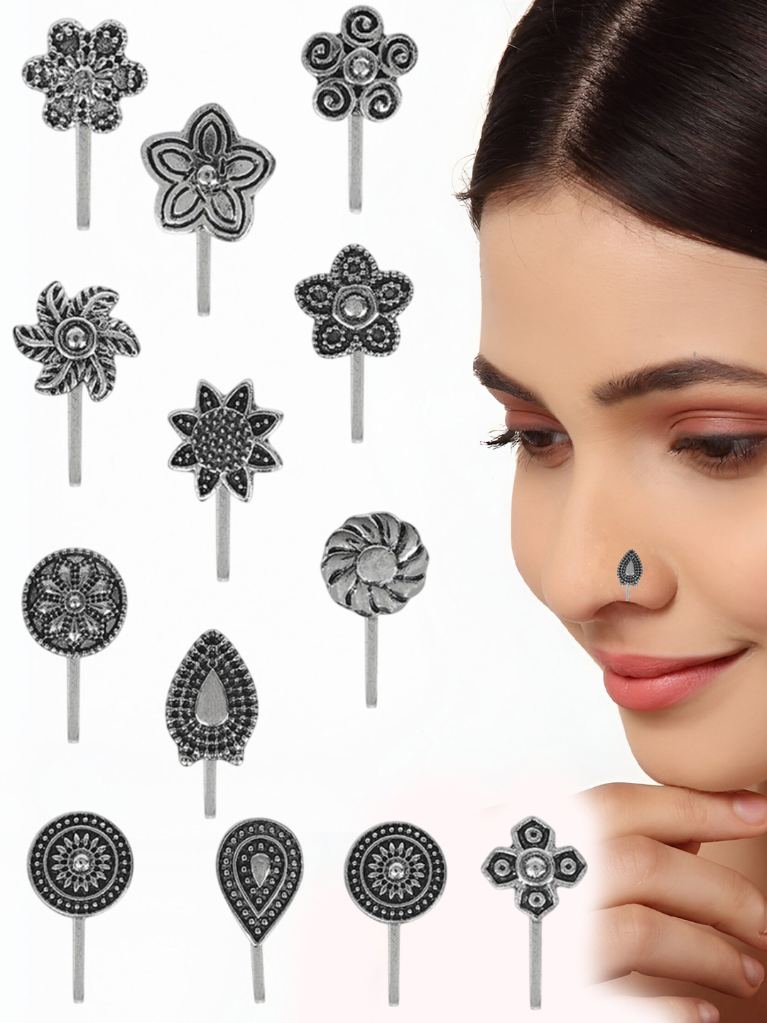 VAMA Women Set of 12 Pcs Silver Oxidised Clip on Without Non Piercing Nosepin
