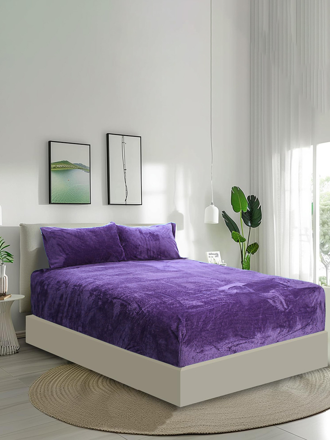 THE little BIG STORE Falleno Purple Wool 150 TC Fitted King Bedsheet with 2 Pillow Covers-78 x 72 inches