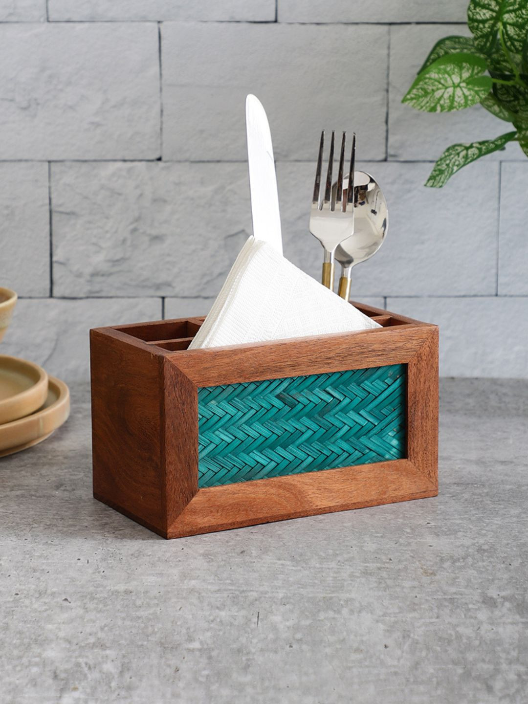 VarEesha Brown & Green Acacia Wood Chatai 4-Compartment Cutlery Holder