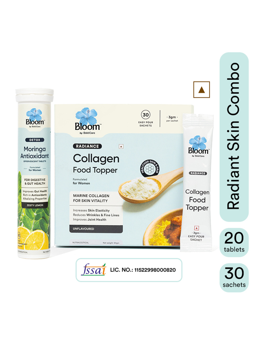 Bloom Moringa Antioxidants & Collagen+ Peptides Tablets - 20 Tablets & 30 Sachets