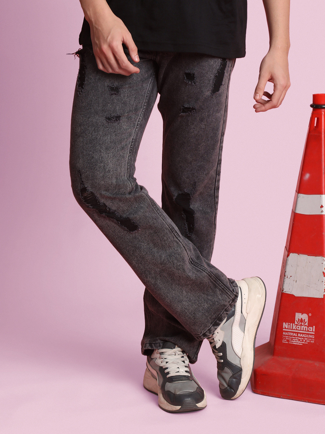Bene Kleed Men Black Heavy Distress Low Fade Bootcut Jeans