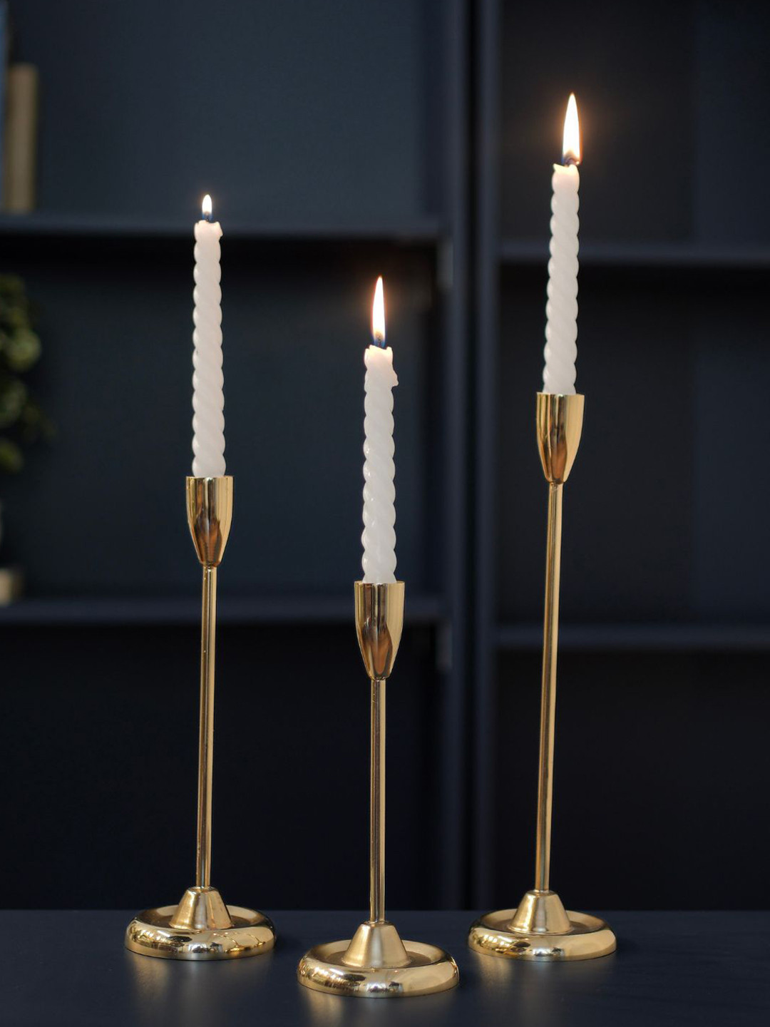 BEHOMA Golssy Gold-Toned 3 Pcs Metal Candle Stick Holders