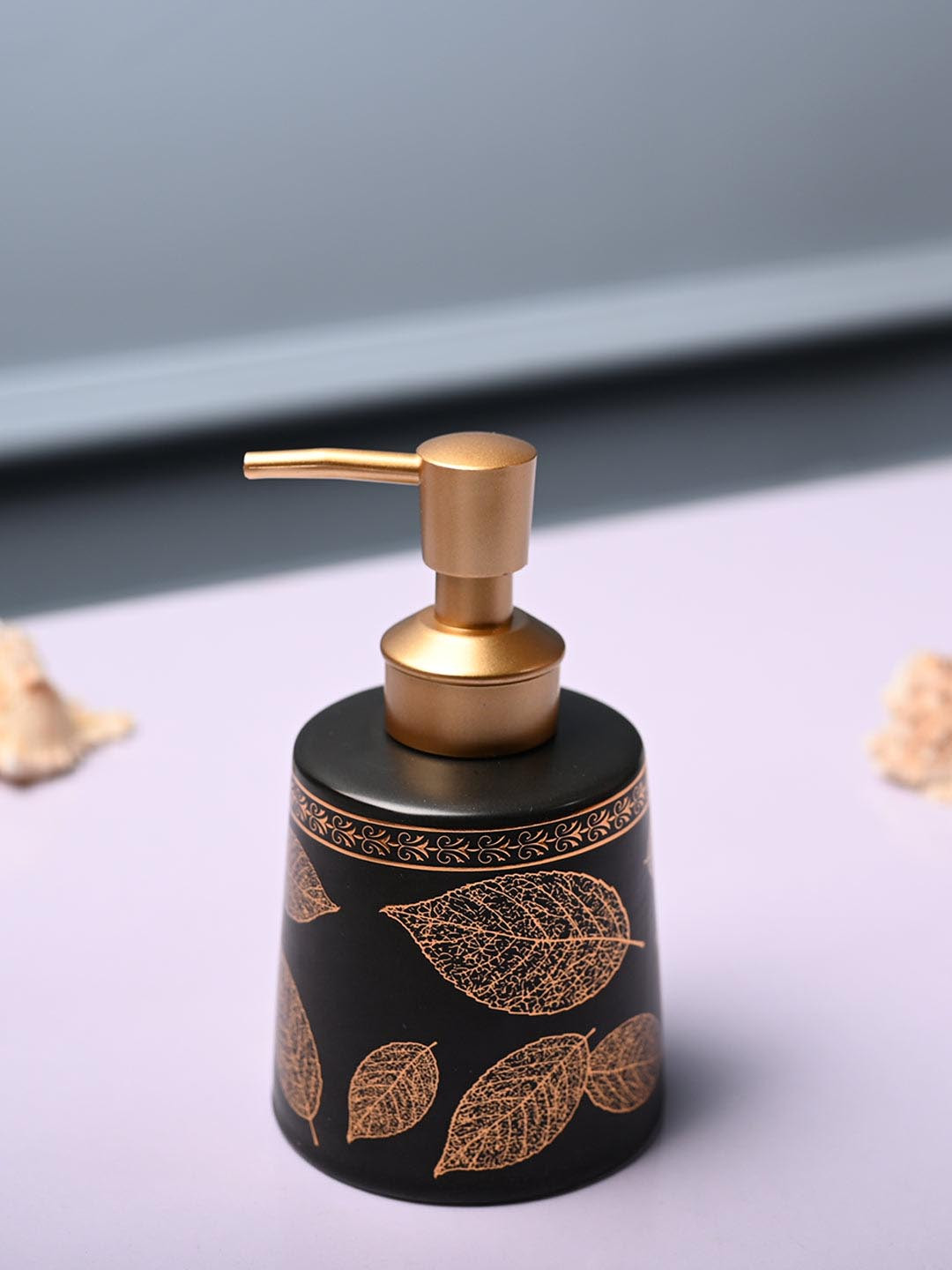 MARKET99 Black & Rust Leaf Printed Cylindrical Ceramic Waterproof Soap Dispenser - 450 ml