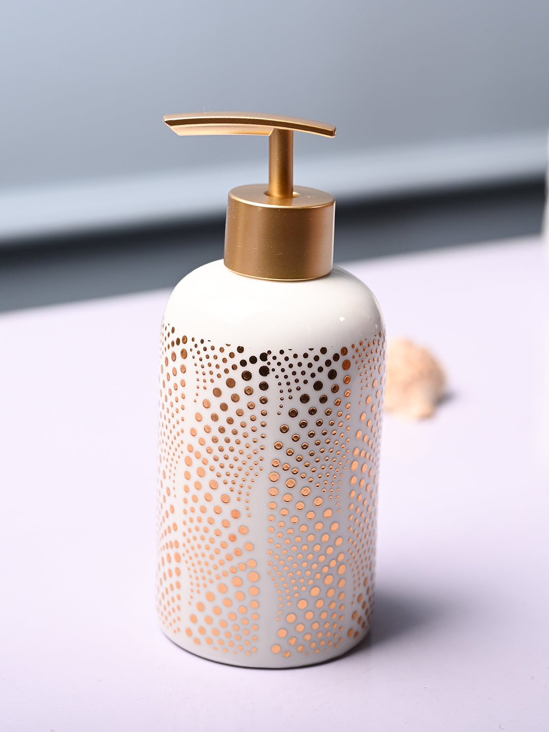 MARKET99 Off White Dots Printed Cylindrical Ceramic Waterproof Soap Dispenser - 550 ml