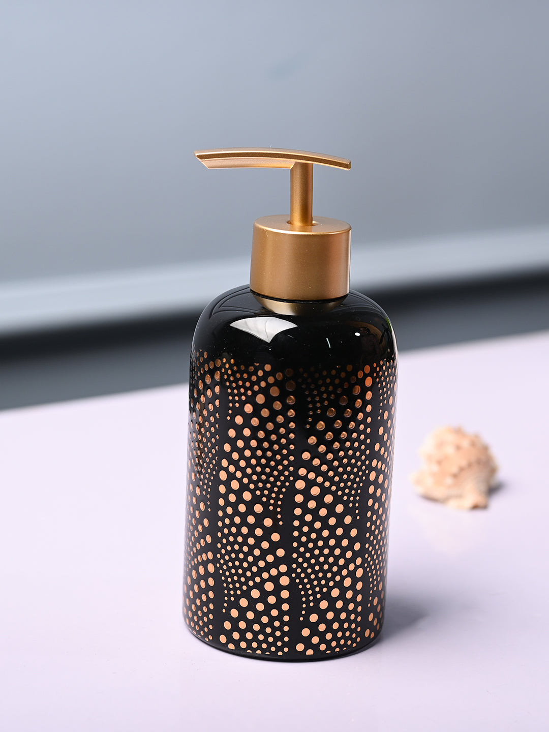MARKET99 Black & Bronze Toned Geometric Printed Cylindrical Ceramic Soap Dispenser-550 ml