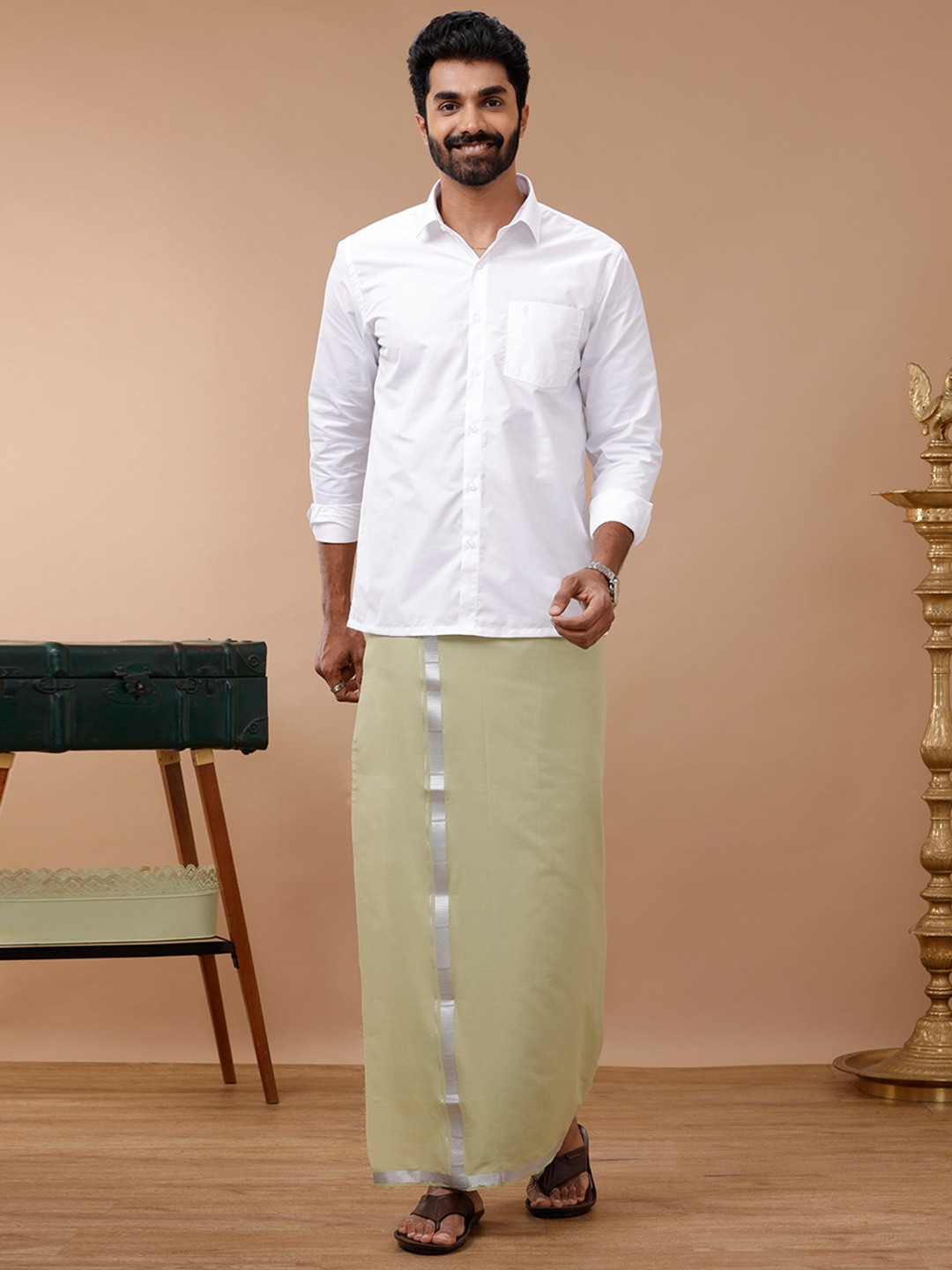 Ramraj Men Formal White Shirt with Light Green Dhoti Combo