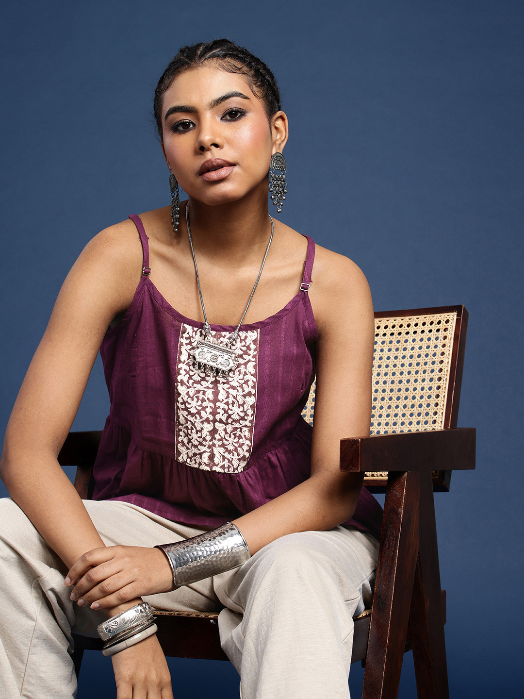 Taavi Woven Striped Pure Cotton Empire Top with Adjustable Straps