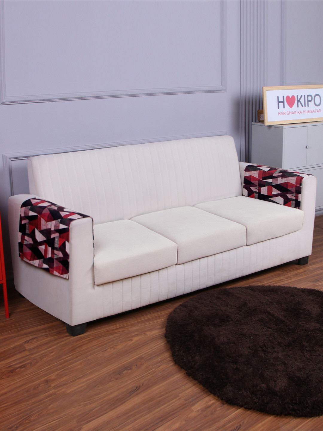 HOKIPO Pack of 2 Rhombus Red Printed Armrest Cover for 1/2/3 Seater Sofa