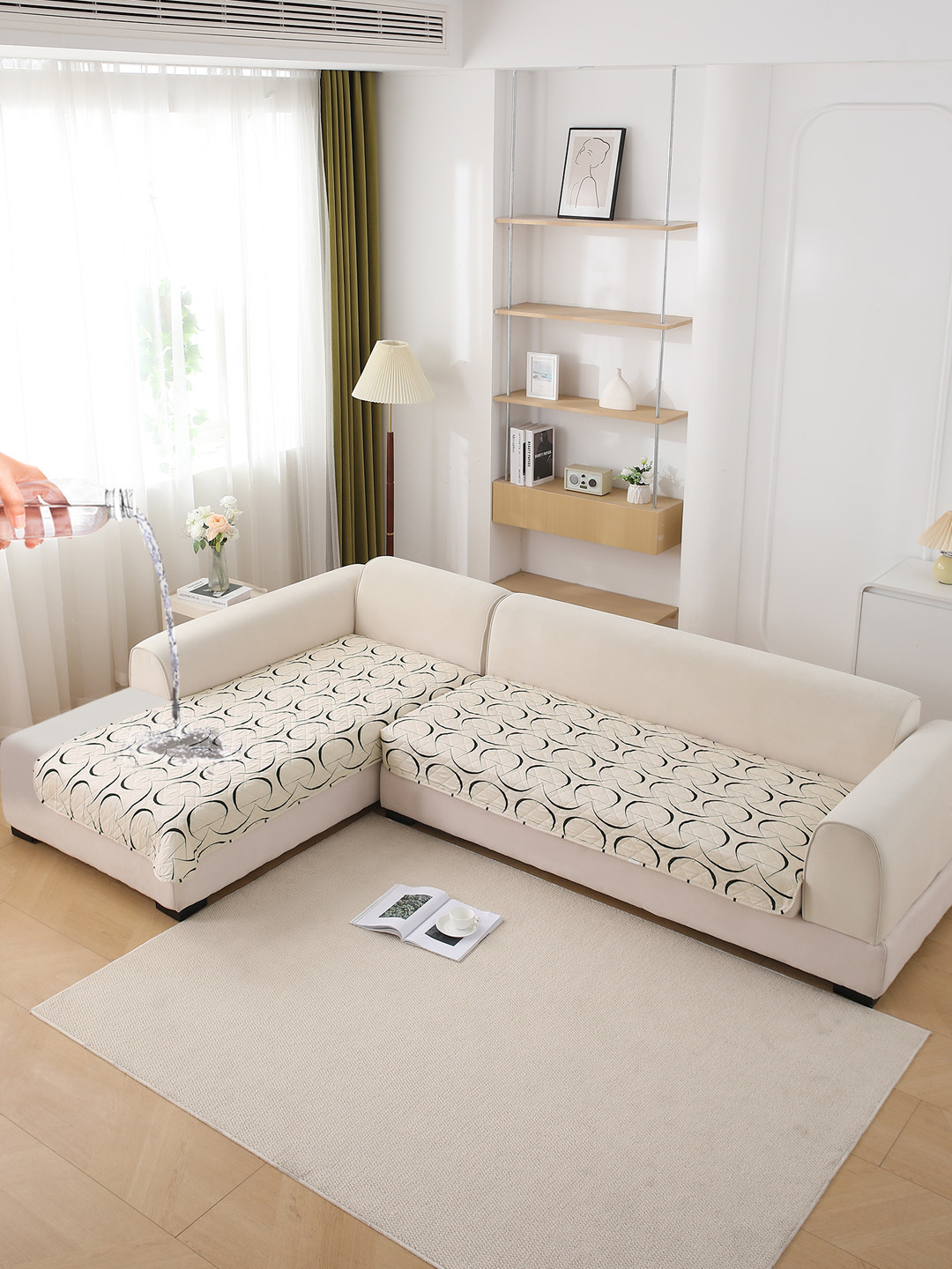 HOKIPO Beige 2 Piece Printed Waterproof 3 Seater & 2 Seater L Shaped Sofa