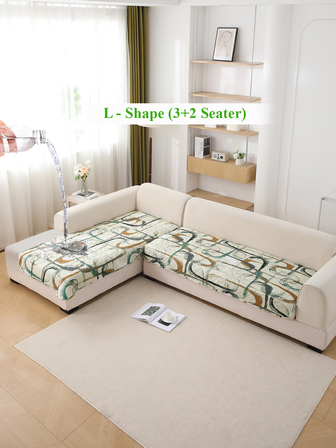 HOKIPO Beige Printed Waterproof L Shaped Sofa in 3 Seater and 2 Seater