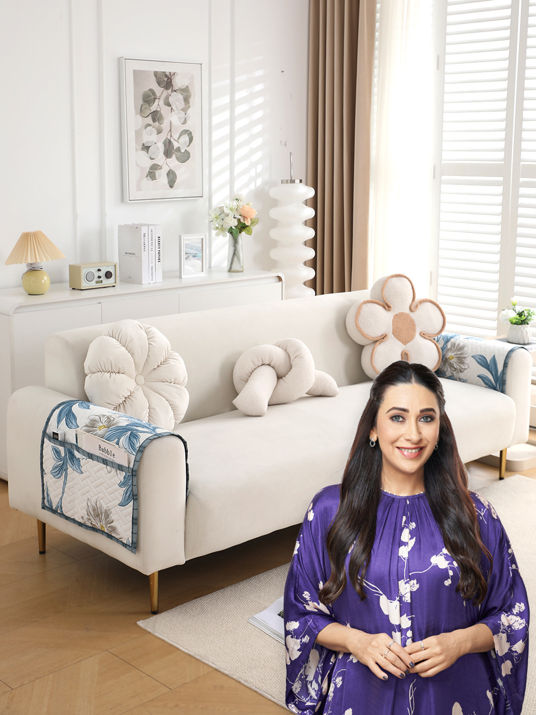 HOKIPO 2 Pcs Celadon Blue Camellia Printed Quilted Sofa Armrest Cover