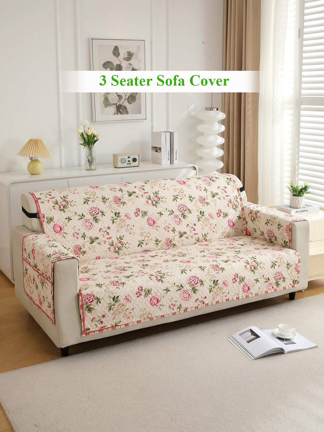 HOKIPO Beige Peonies 3 Seater Quilted Sofa Cover With Pockets
