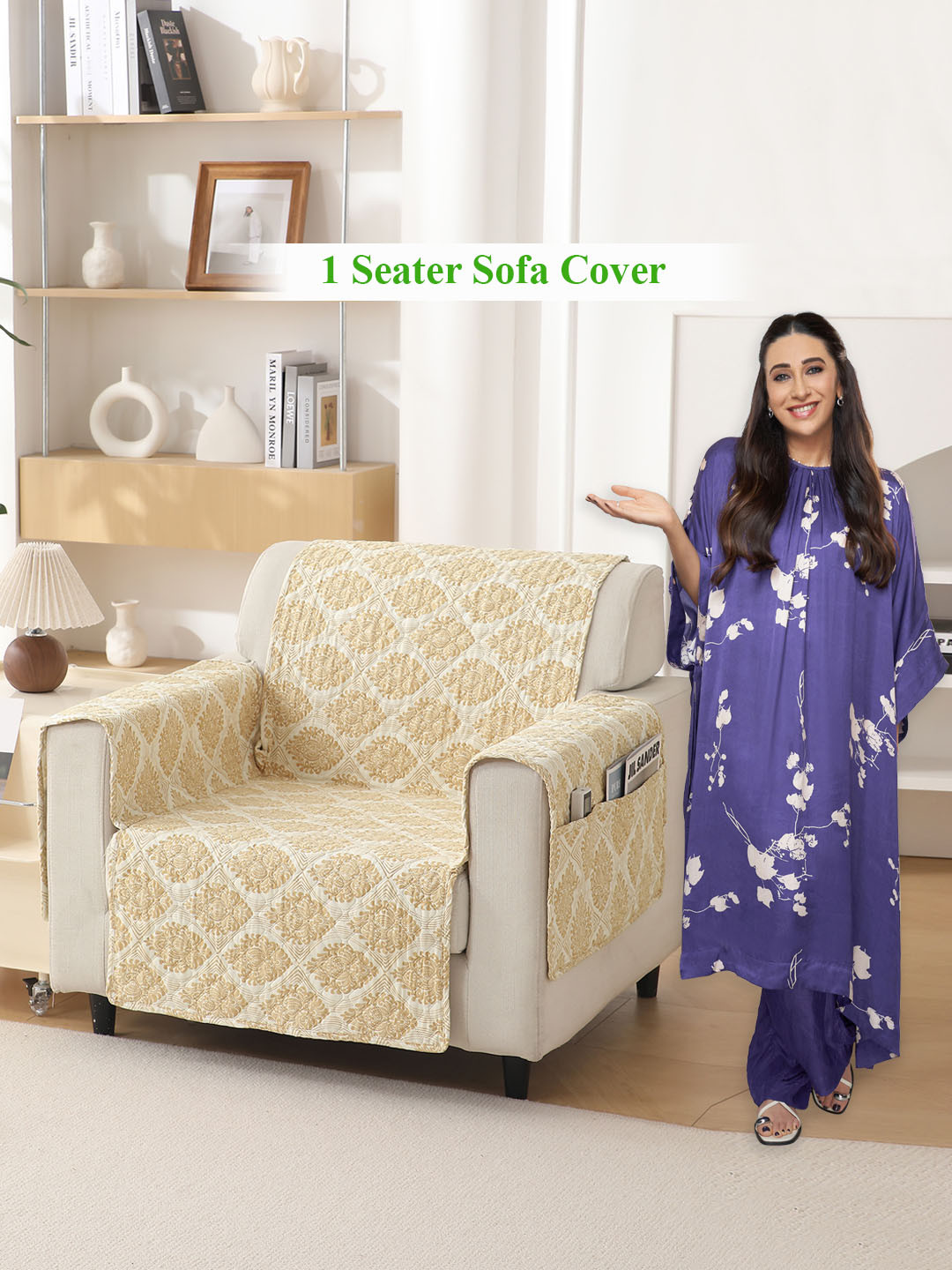 HOKIPO Off White & Beige Printed Polyester 1 Seater Sofa Mat With Pockets