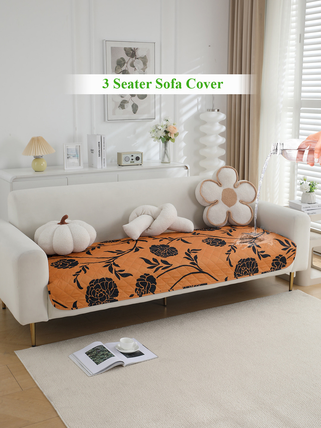 HOKIPO Copper Toned & Black Printed Polyester Waterproof 3 Seater Sofa Seat Mat