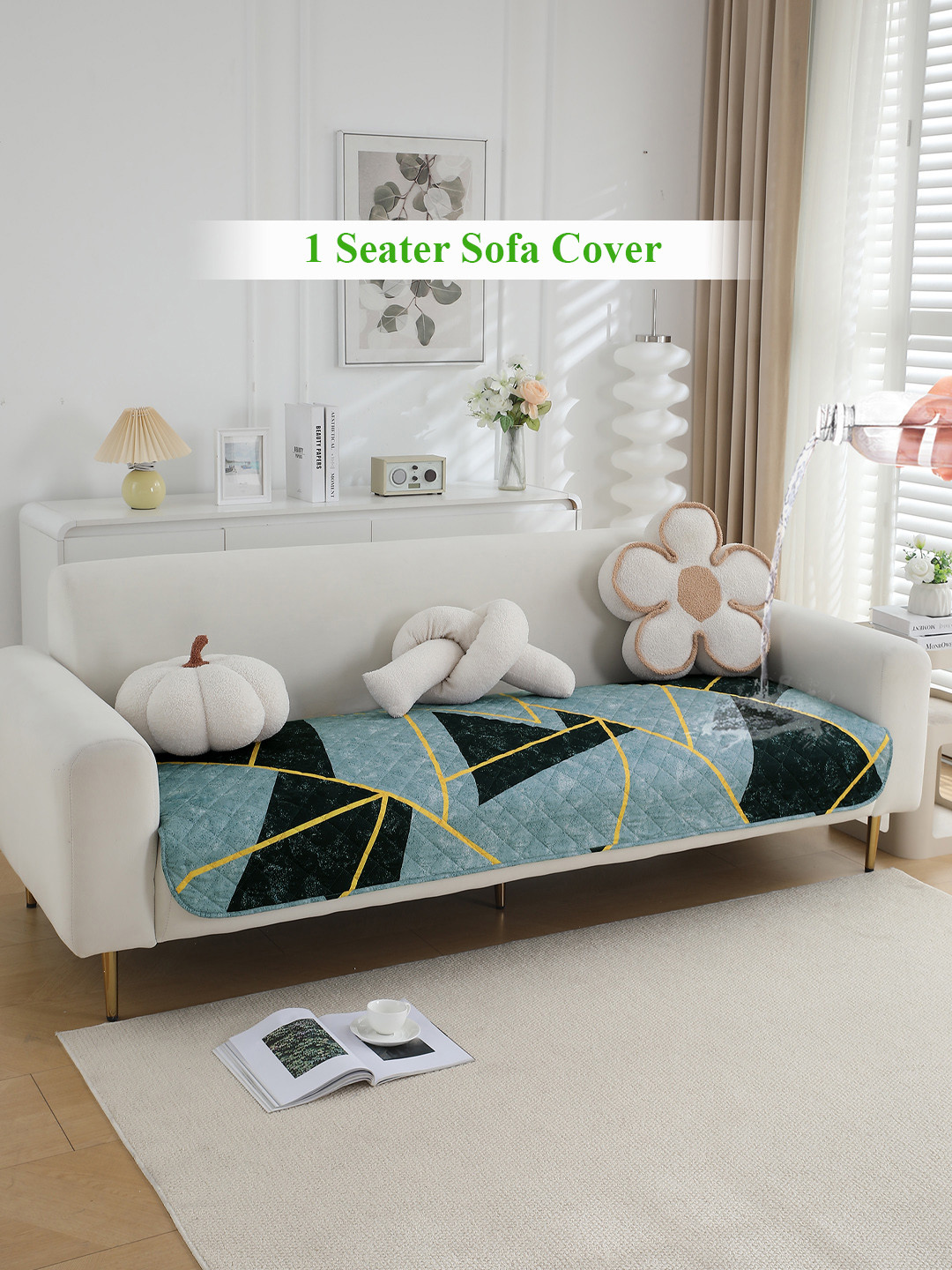 HOKIPO Blue & Black Printed Polyester 1 Seater Water Repellent Sofa Seat Mat