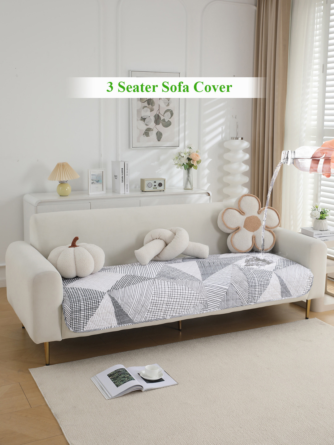 HOKIPO White & Grey Printed Polyester 3 Seater Water Repellent Sofa Seat Mat