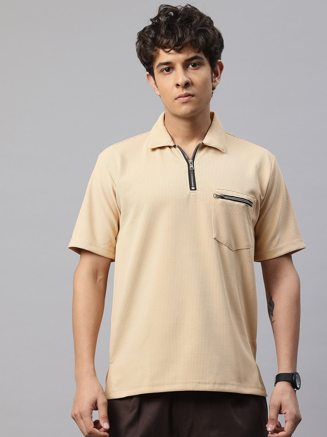 POSHAX Men Polo Collar Zippered Pocket Waffle Knit T-shirt