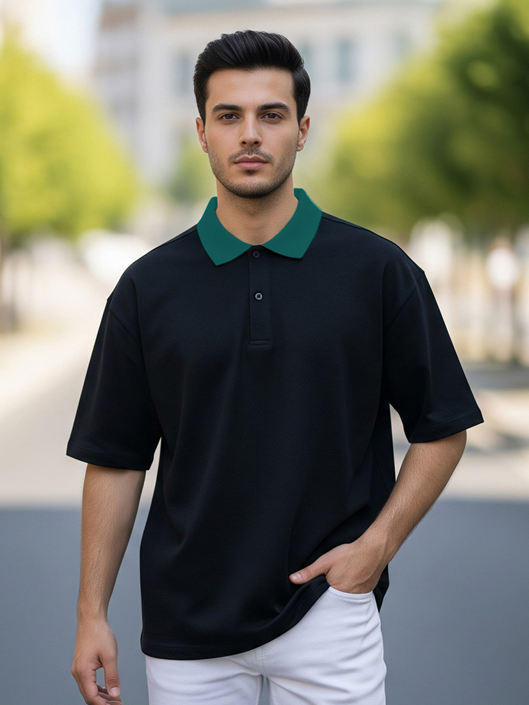 VEIRDO Men Solid Black Polo Collar Pure Cotton Oversized T-shirt