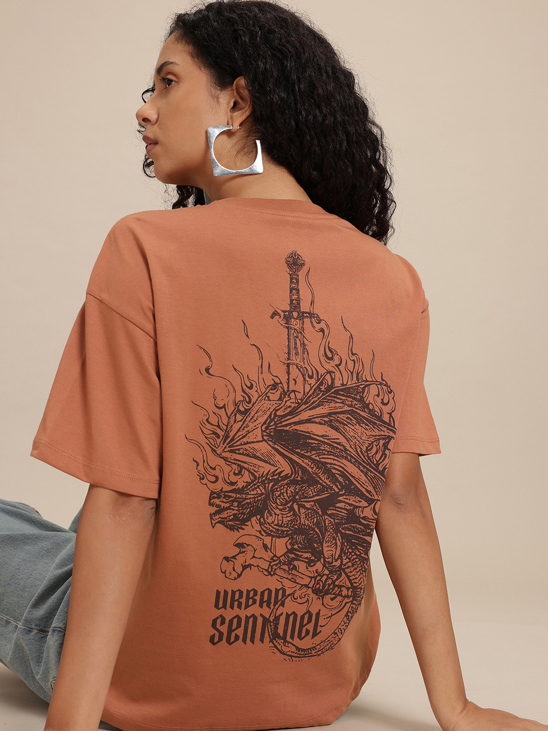 The Roadster Life Co. Grunge Graphic Print Drop-Shoulder Sleeves Longline T-shirt