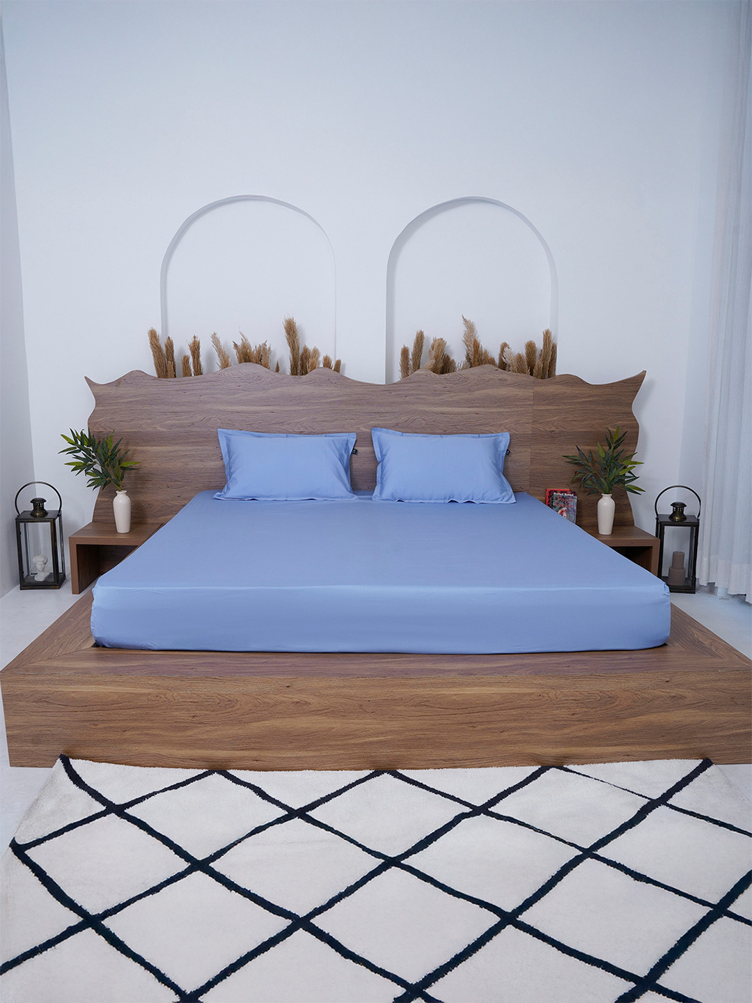 BELIHODE Premium Blue Pure Cotton 300 TC Fitted King Fine Bedsheet with 2 Pillow Covers-98 x 106 inches