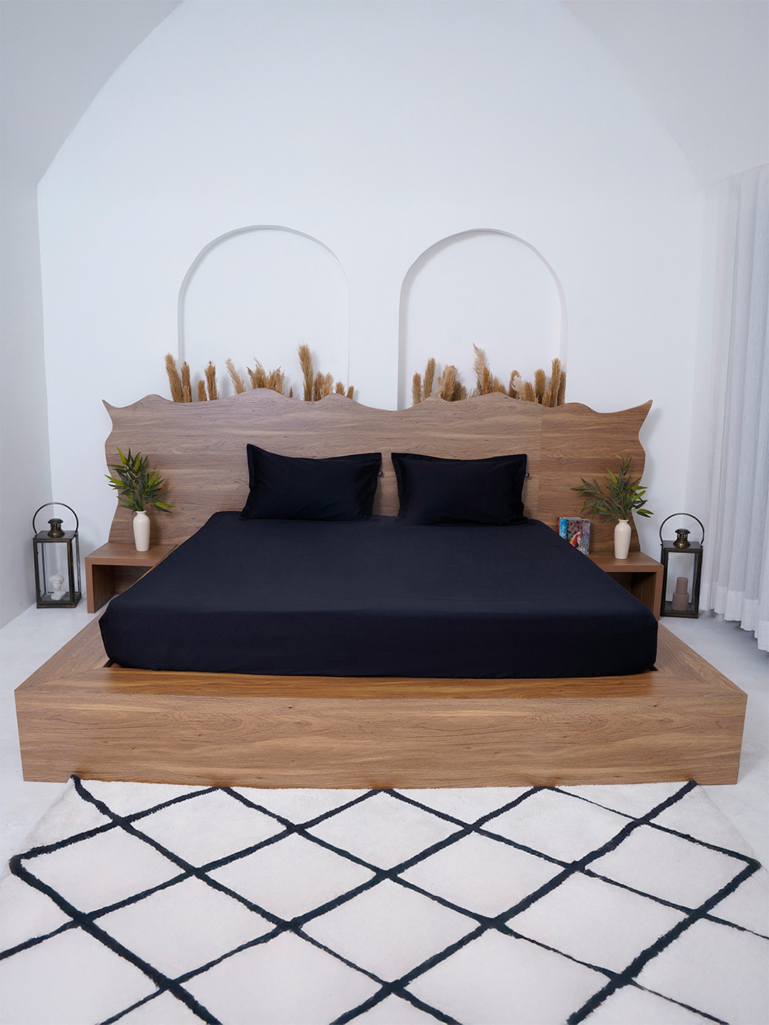 BELIHODE Black Cotton 300 TC Fitted King Fine Bedsheet with 2 Pillow Covers-72 x 72 inches