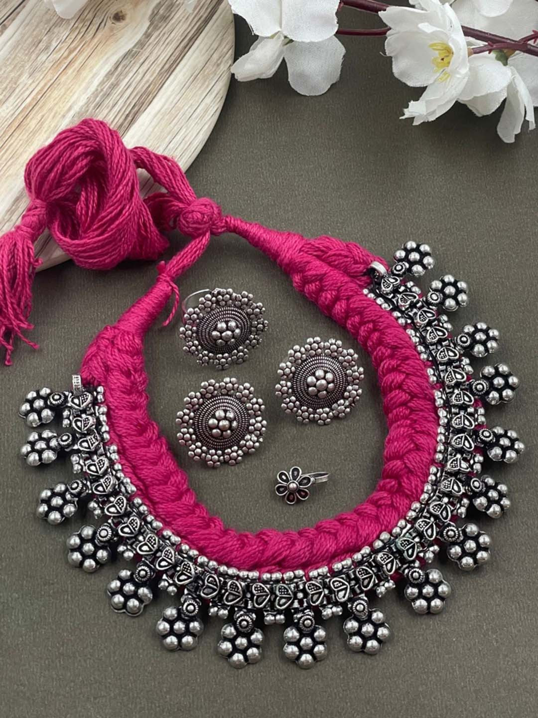 NAMAN ARTS Shilpi Silver-Plated Oxidised Necklace Jewellery Set
