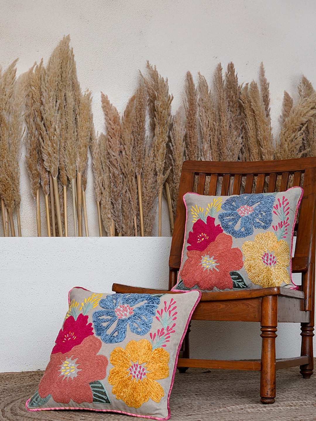 BELIHODE Mystic Blush Enchantment Floral Cotton 2 Pcs Embroidered Cushion Covers - 16.1 x 16.1 In