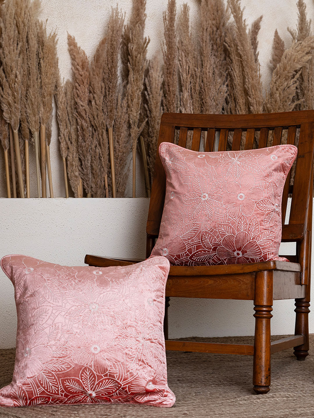 BELIHODE Blush Botanical Bliss Floral Polyester 2 Pcs Embroidered Cushion Covers - 16.1 x 16.1 In