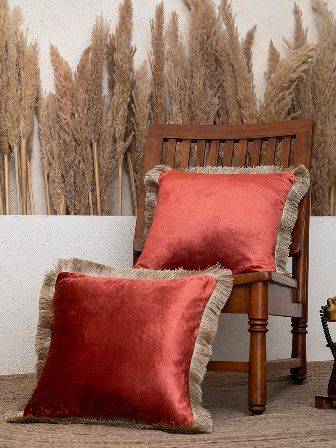 BELIHODE Set of 2 Rust Fringed Velvet Cushion Cover