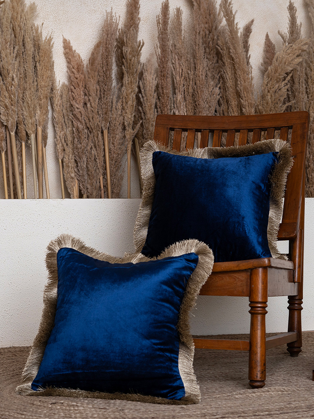 BELIHODE Set of 2 Midnight Sapphire Fringed Velvet Cushion Cover