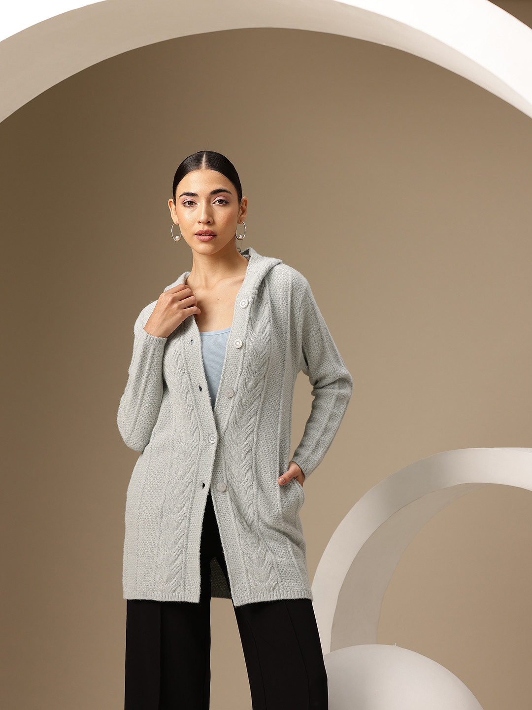 Chemistry Textured Woollen Hooded Longline Cardigan