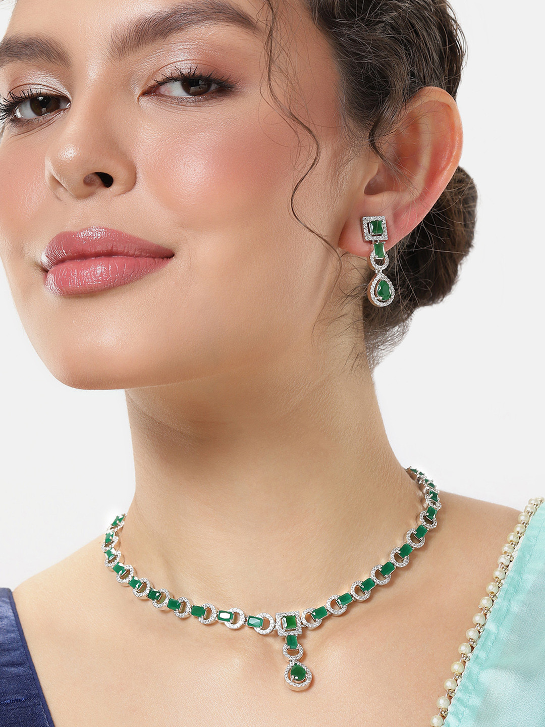 VIVAZS Rhodium Plated Emerald Teardrop Pendant Necklace Set with AD & CubicZirconia Studed