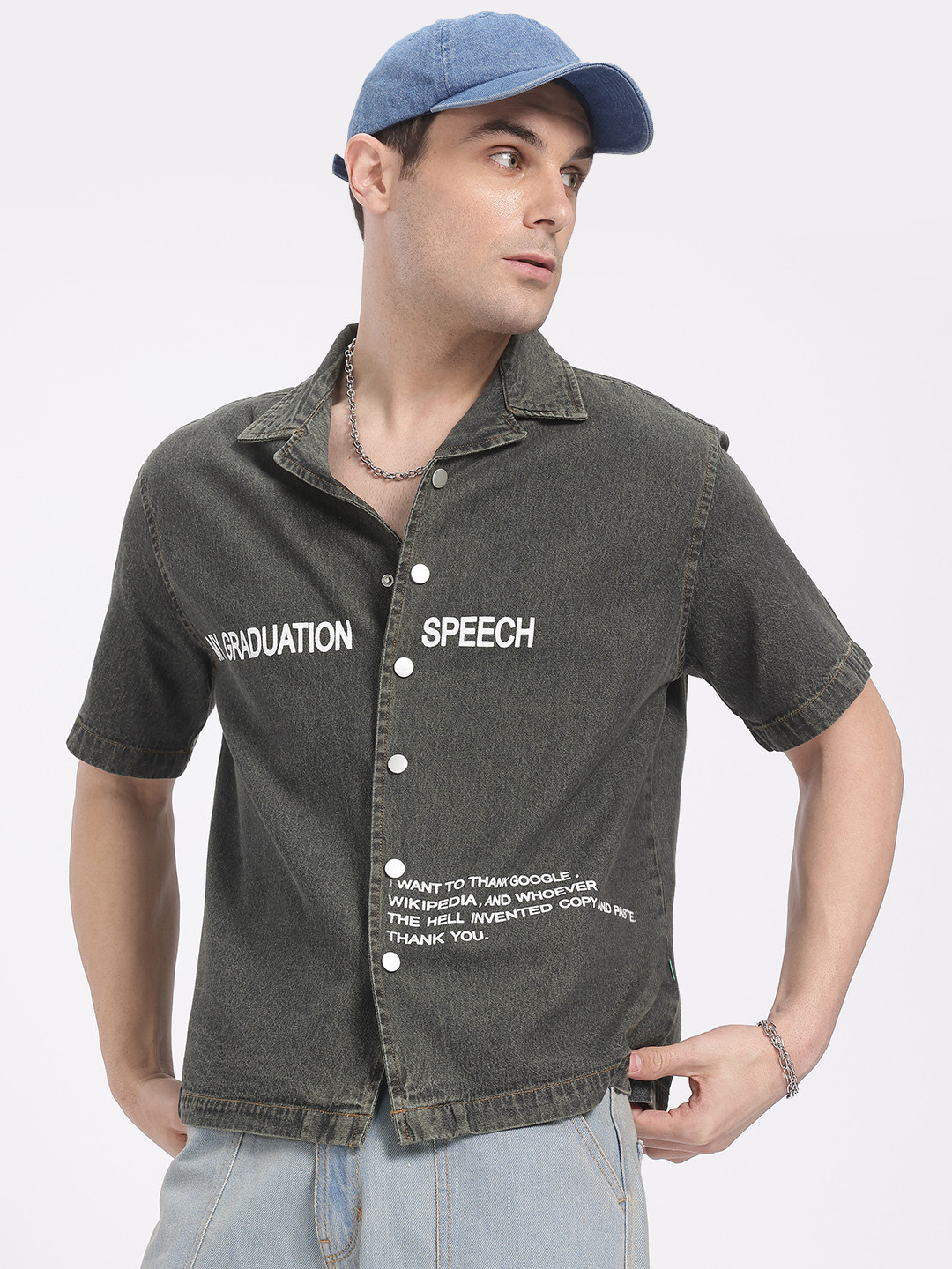 glitchez Typography Print Denim Shirt
