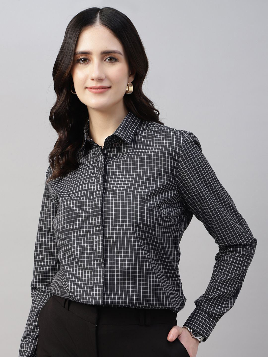 English Navy Women Micro Checks Opaque Checked Formal Shirt