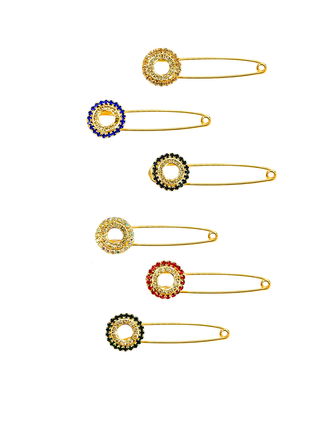 VAMA Women 6 Pcs Gold Plated Multicolor Rhinestone Saree Pin Brooch