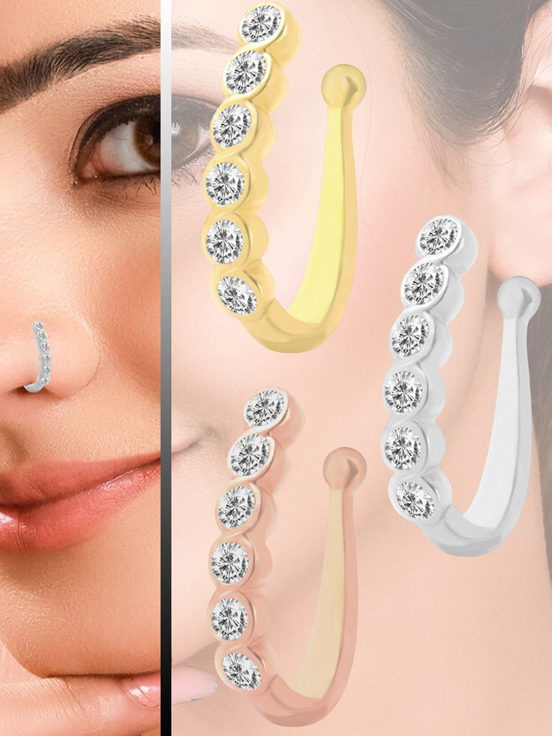 VAMA Women Set of 3 Pcs Gold Silver & Rose Gold Clip on Stone Non Piercing Nosepin