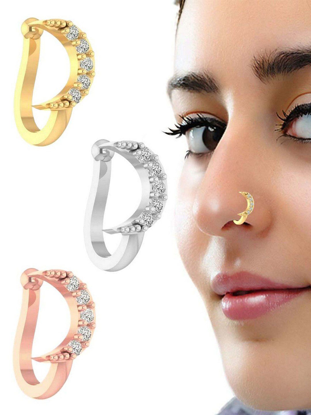 VAMA Women Set of 3 Pcs Gold Silver & Rose Gold Stone Non Piercing Clip On Nosepin