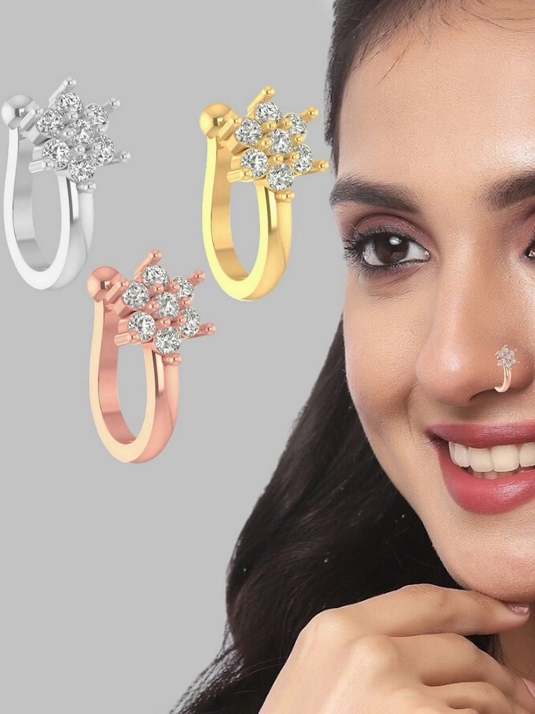 VAMA Women Set of 3 Pcs Gold Silver & Rose Gold Clip on Stone Non Piercing Nosepin