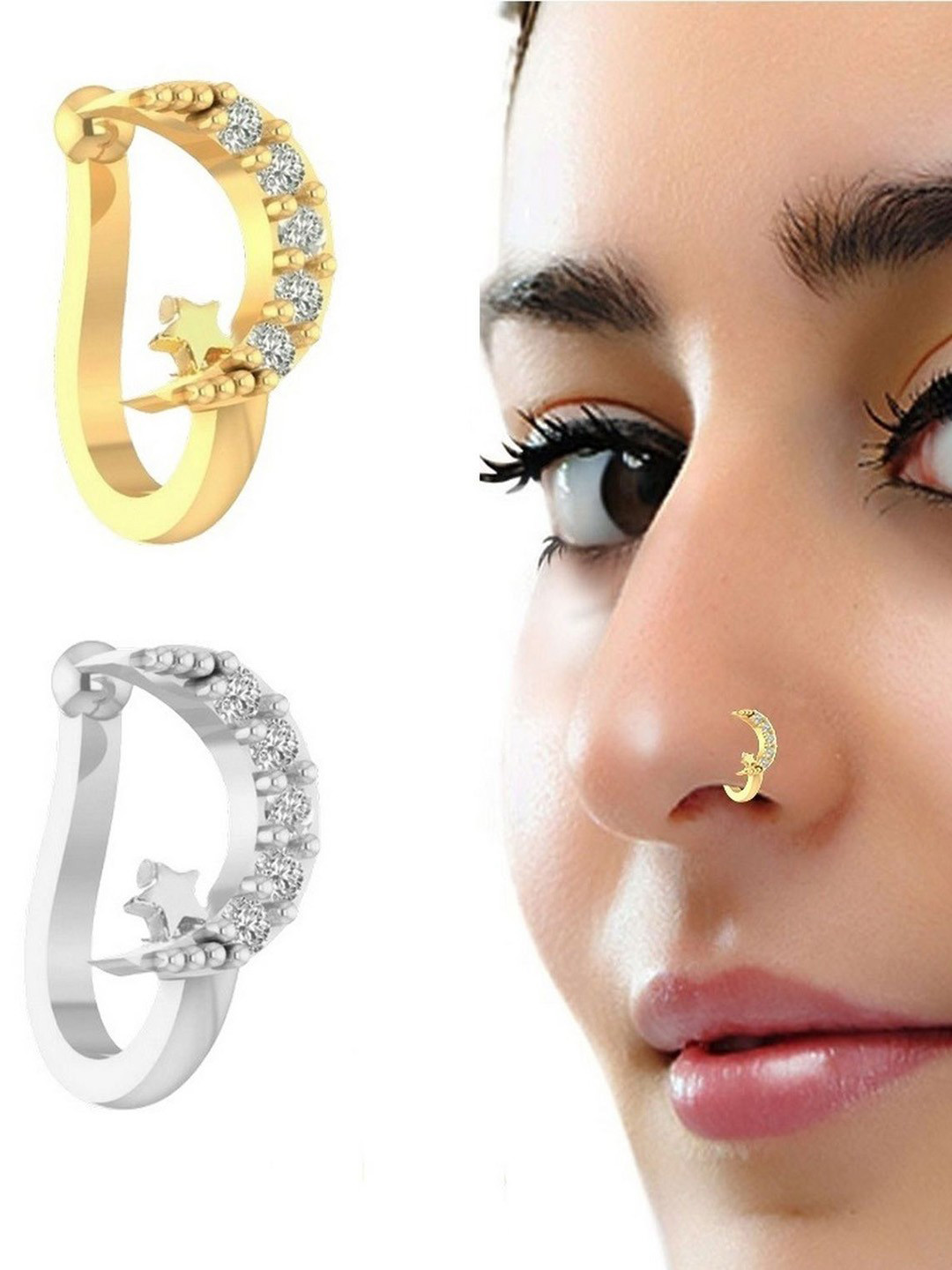 VAMA Women Set of 2 Pcs Gold & Silver Clip on White Stone Non Piercing Nosepin