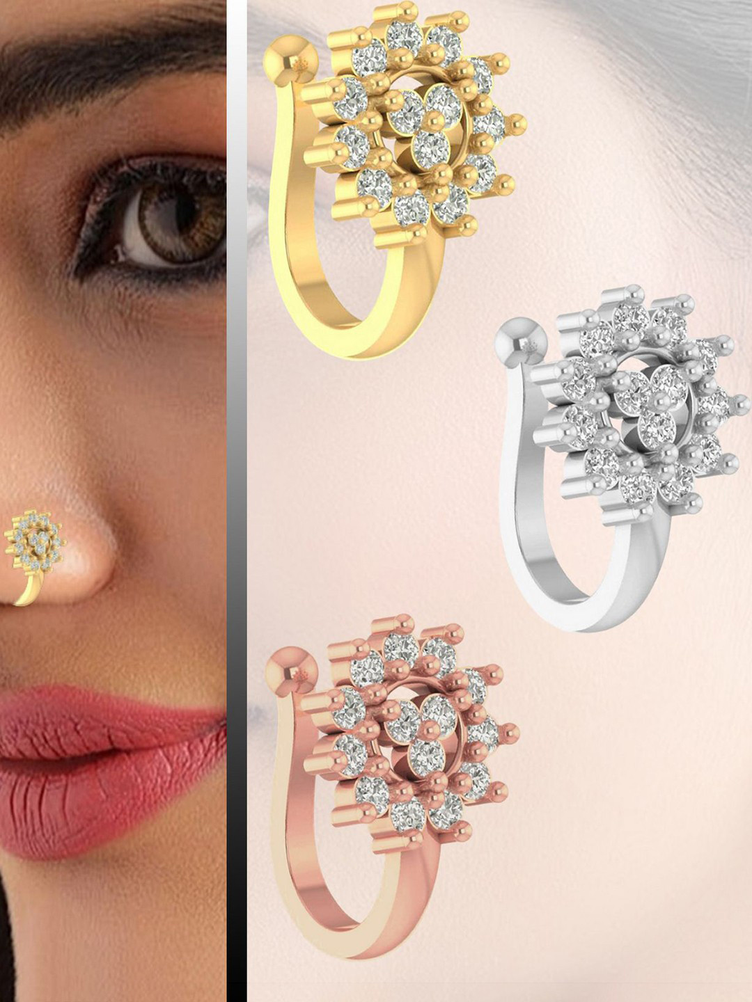 VAMA Women Set of 3 Pcs Gold Silver & Rose Gold Clip on Stone Non Piercing Nosepin