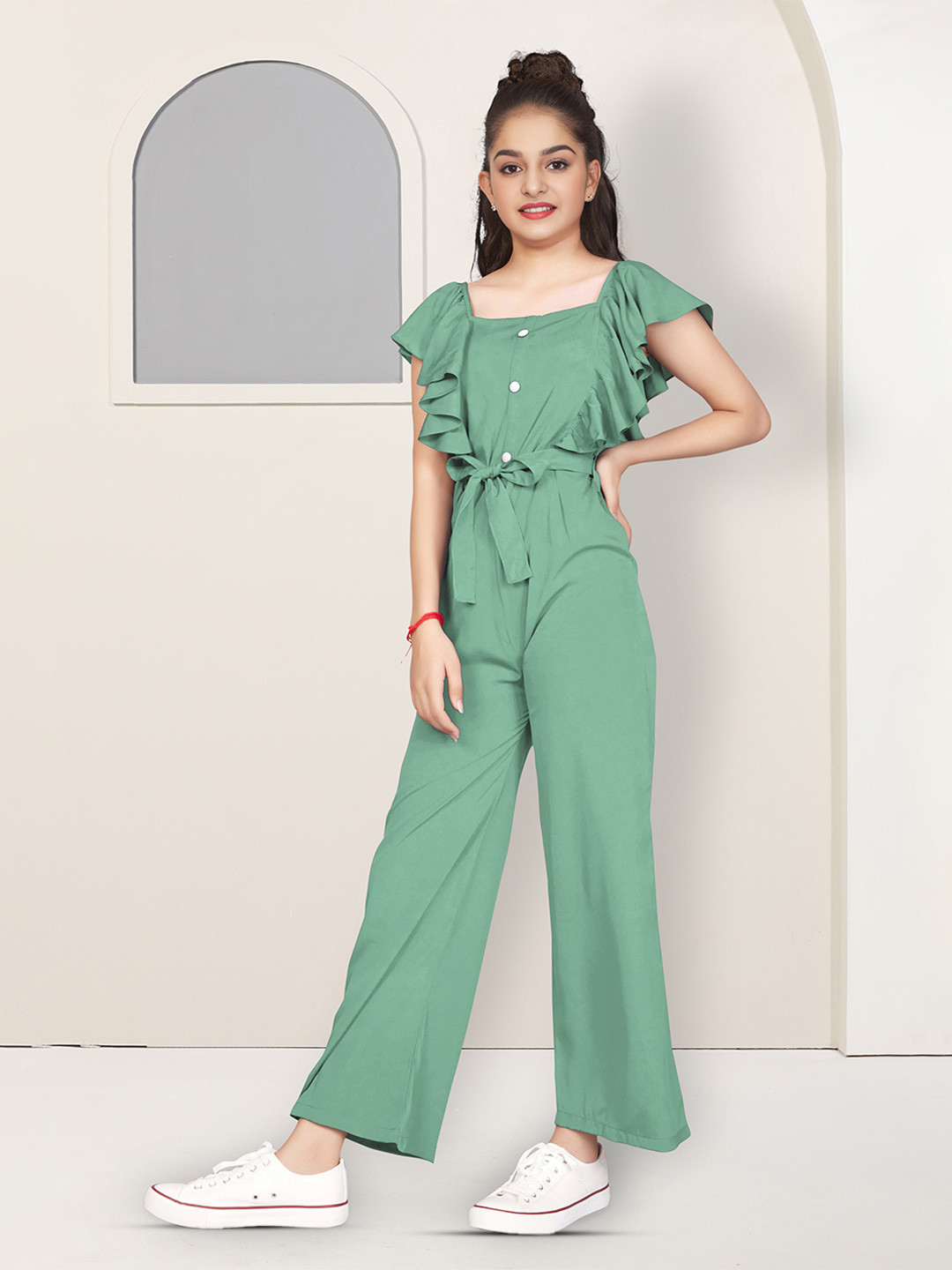 FASHION DREAM Girls Square Neck Basic Jumpsuit with Ruffles