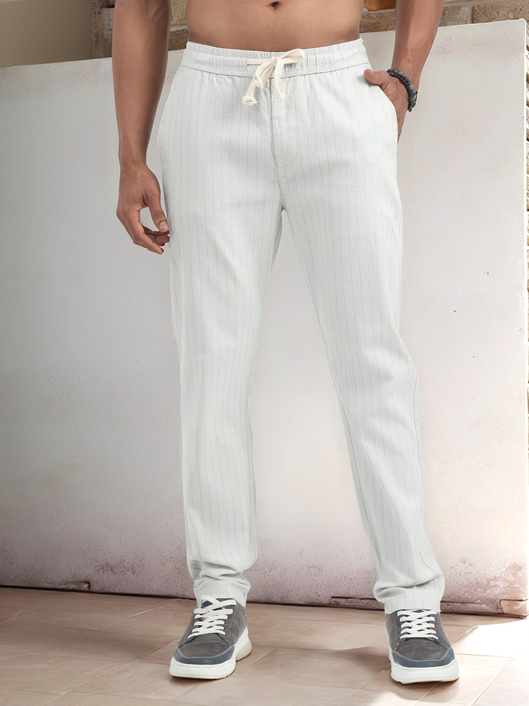 NEVER NEUD Men Relaxed Fit Air Linen Summer Stripes Pants