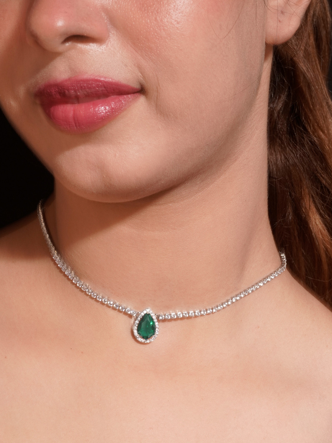 Niscka Rhodium-Plated CZ Studded Diamond Shaped Pendant With Chain