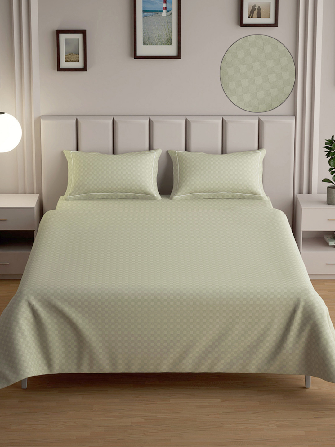 Mulberry Living Urban Grid Beige Checked Cotton Breathable 300 TC King Fine Bedsheet with 2 Pillow Covers-108 x 108 inches