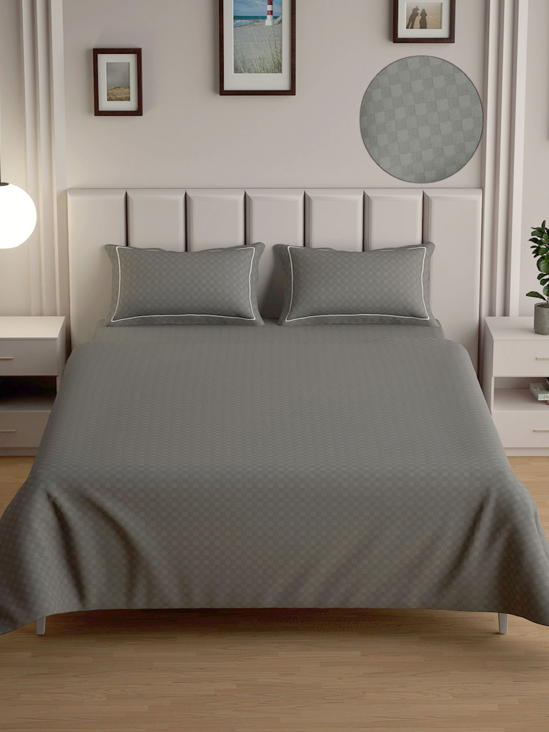 Mulberry Living Urban Grid Grey Checked Pure Cotton 300 TC King Fine Bedsheet with 2 Pillow Covers-274.32 x 274.32 cm