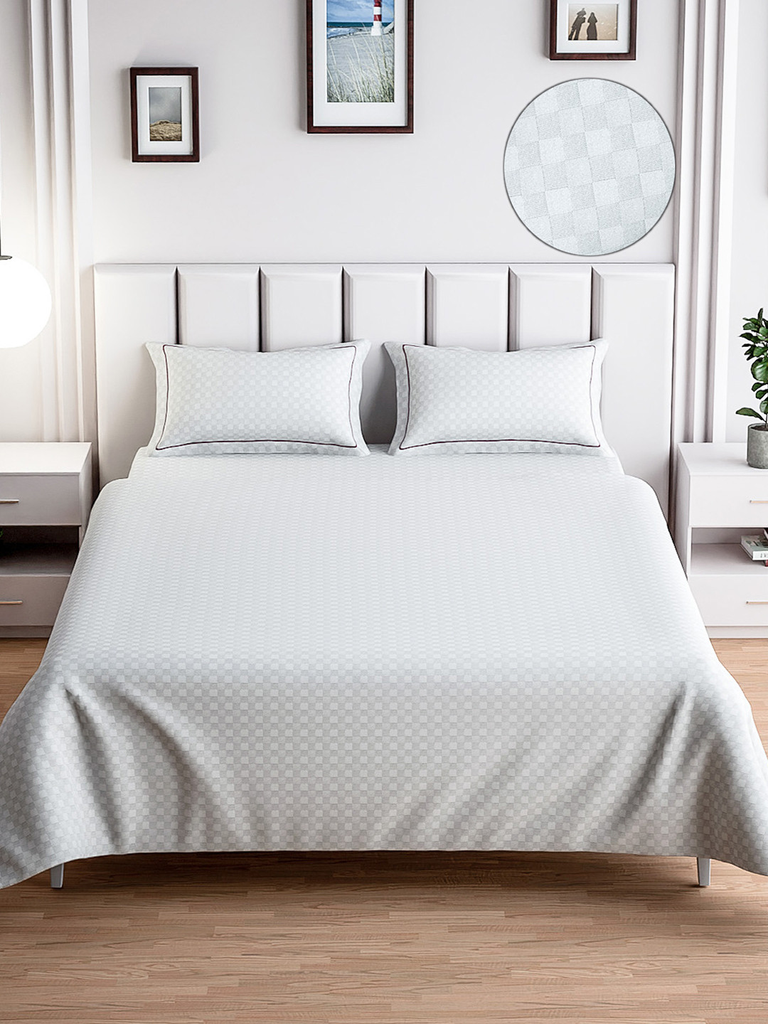 Mulberry Living White Checked Pure Cotton 300 TC Queen Fine Bedsheet with 2 Pillow Covers-228 x 274 cm