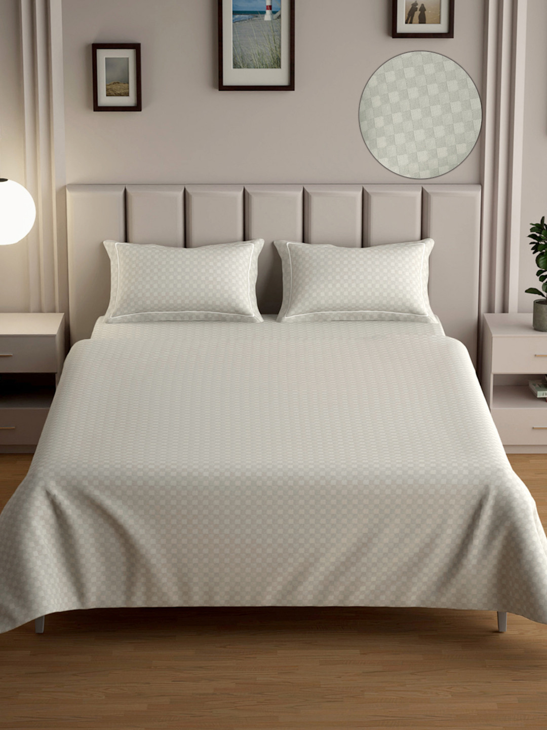 Mulberry Living Urban Grid Off White Checked Cotton 300 TC Queen Fine Bedsheet with 2 Pillow Covers-90 x 108 inches