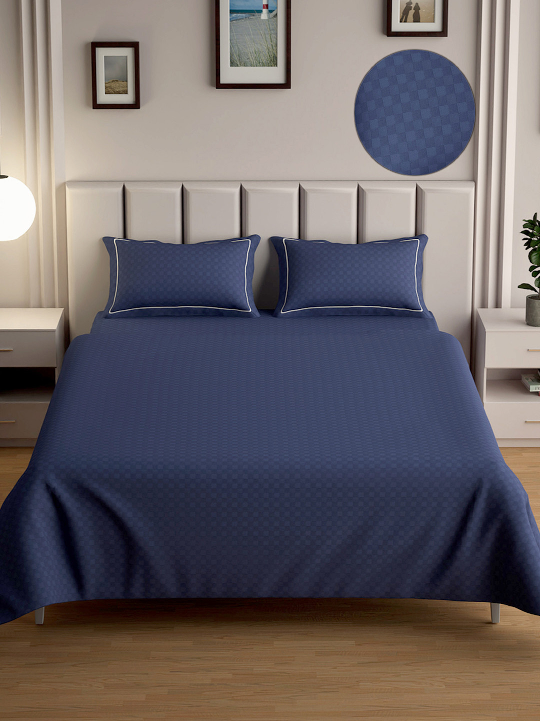 Mulberry Living Urban Grid Blue Geometric Pure Cotton 300 TC Queen Fine Bedsheet with 2 Pillow Covers-274.32 x 274.32 cm