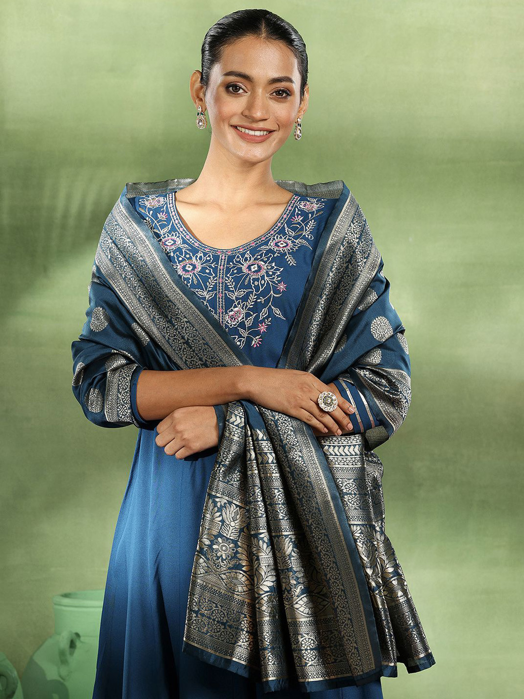 Libas Womens Teal Yoke Design Viscose Anarkali Kurta With Trousers & Dupatta